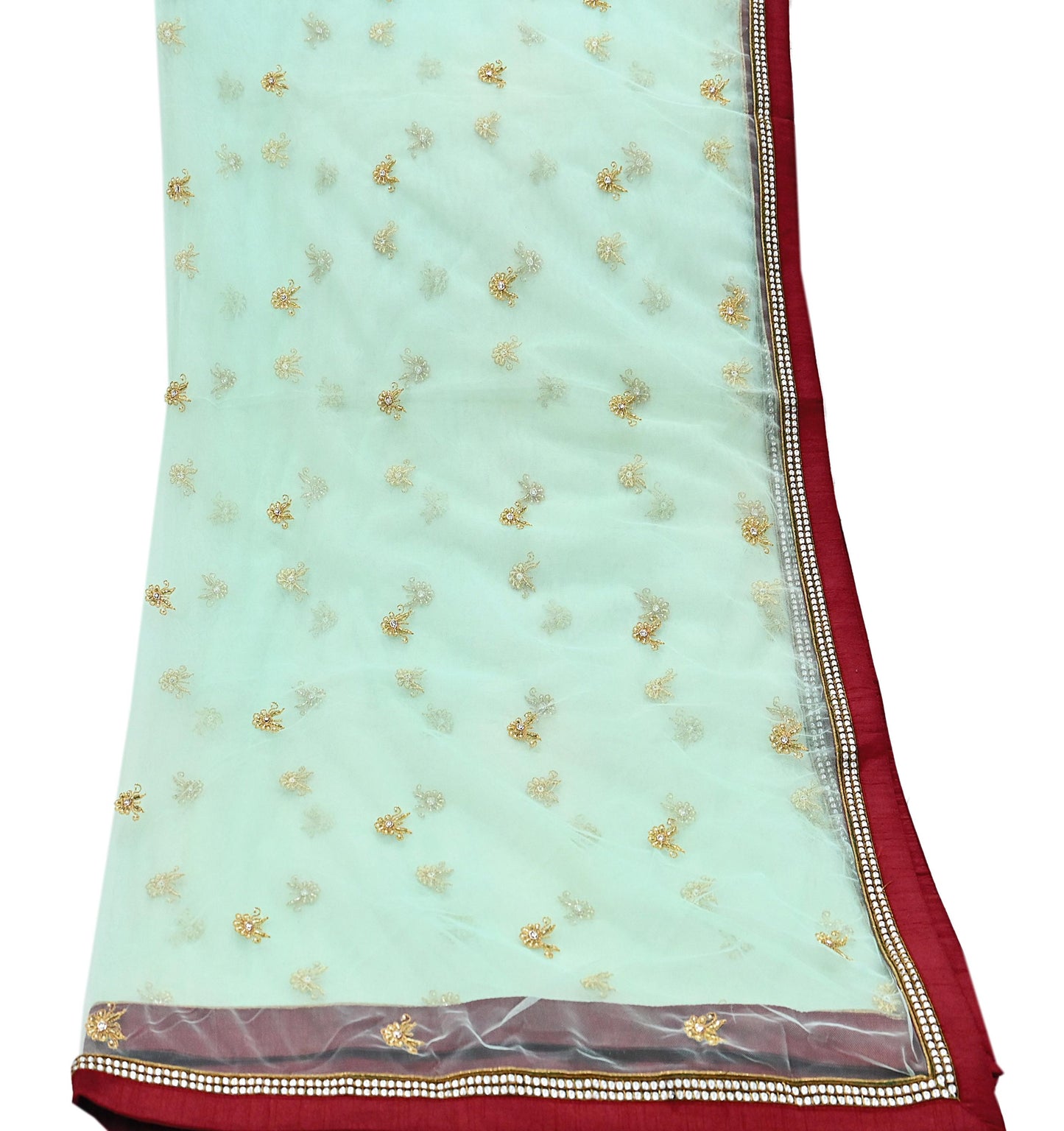 Indian Vintage Heavy Sage Green Dupatta Net Mesh Long Stole Hand Embroidered Scarves Golden Zardozi Zari Sequins Hijab Veil wrap Boho