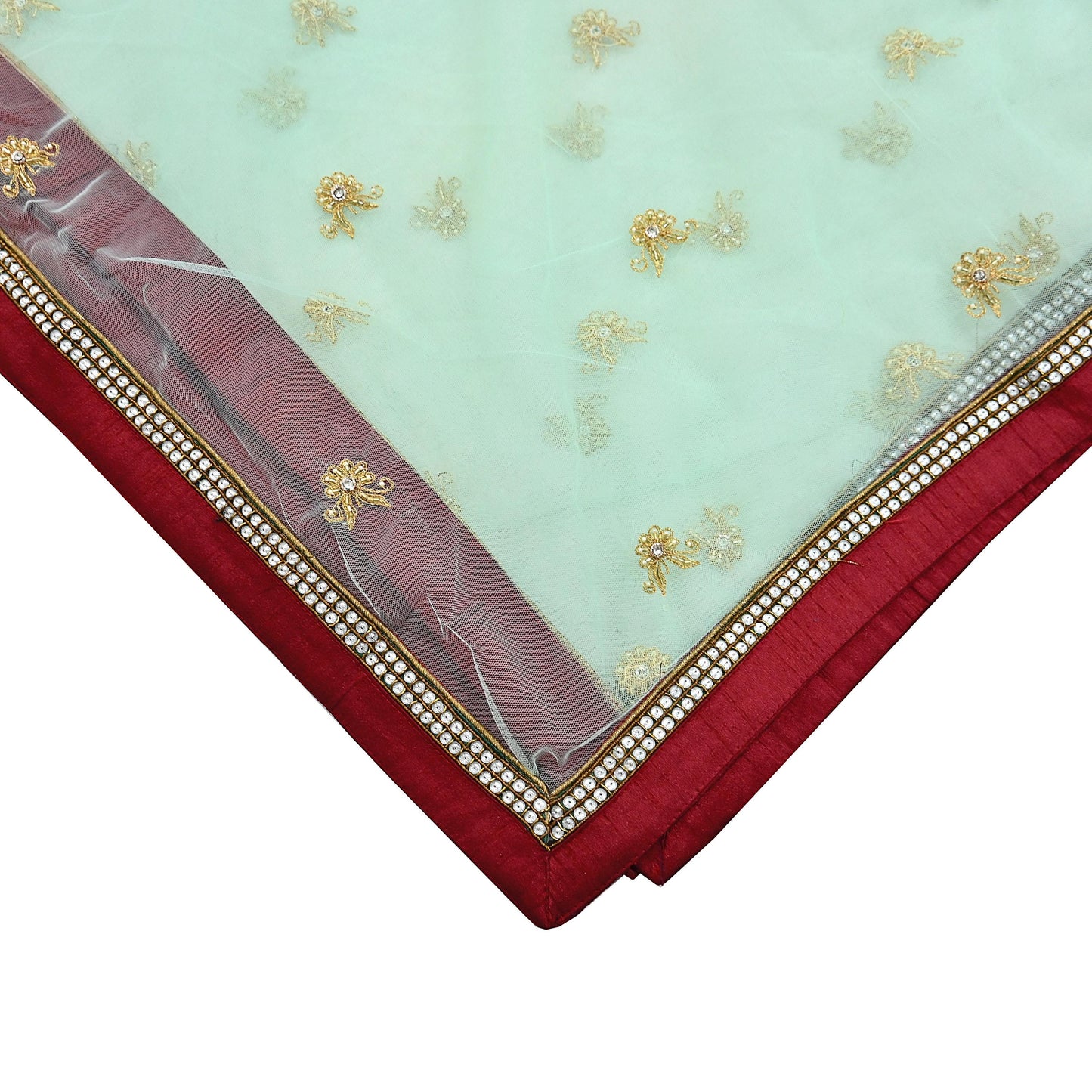 Indian Vintage Heavy Sage Green Dupatta Net Mesh Long Stole Hand Embroidered Scarves Golden Zardozi Zari Sequins Hijab Veil wrap Boho