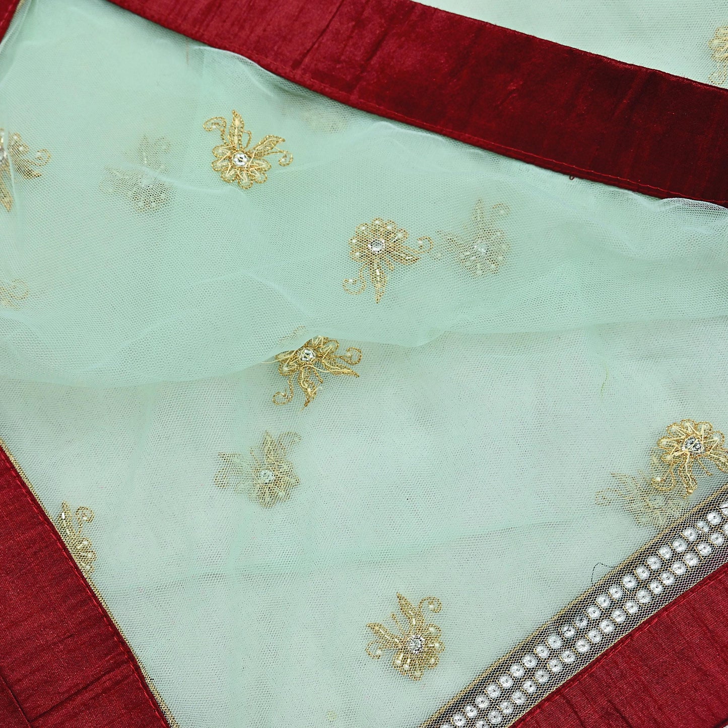 Indian Vintage Heavy Sage Green Dupatta Net Mesh Long Stole Hand Embroidered Scarves Golden Zardozi Zari Sequins Hijab Veil wrap Boho