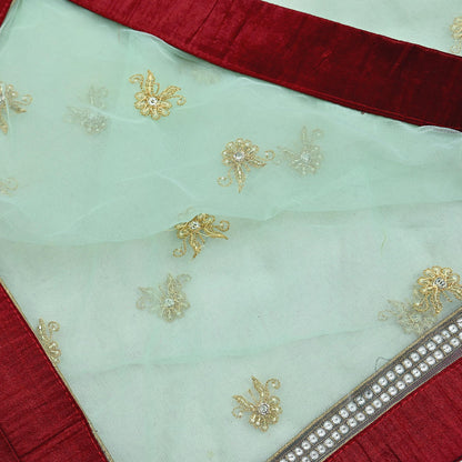 Indian Vintage Heavy Sage Green Dupatta Net Mesh Long Stole Hand Embroidered Scarves Golden Zardozi Zari Sequins Hijab Veil wrap Boho