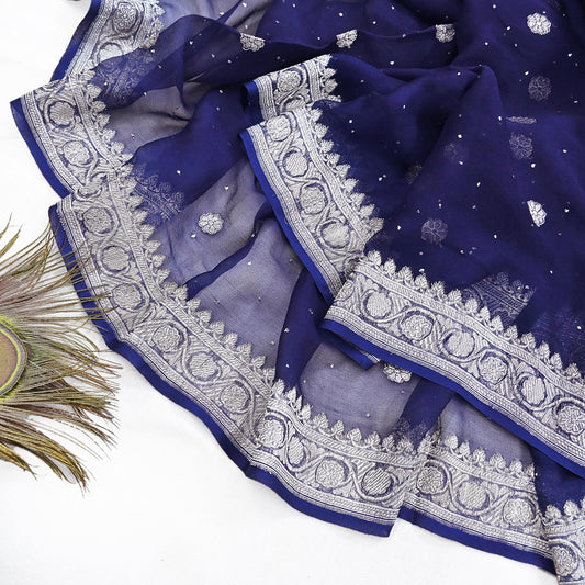 Indian Vintage Blue Dupatta Long Stole Blend Georgette Hand Woven Scarves Veil Scarf Wrap Hippie Boho Soft
