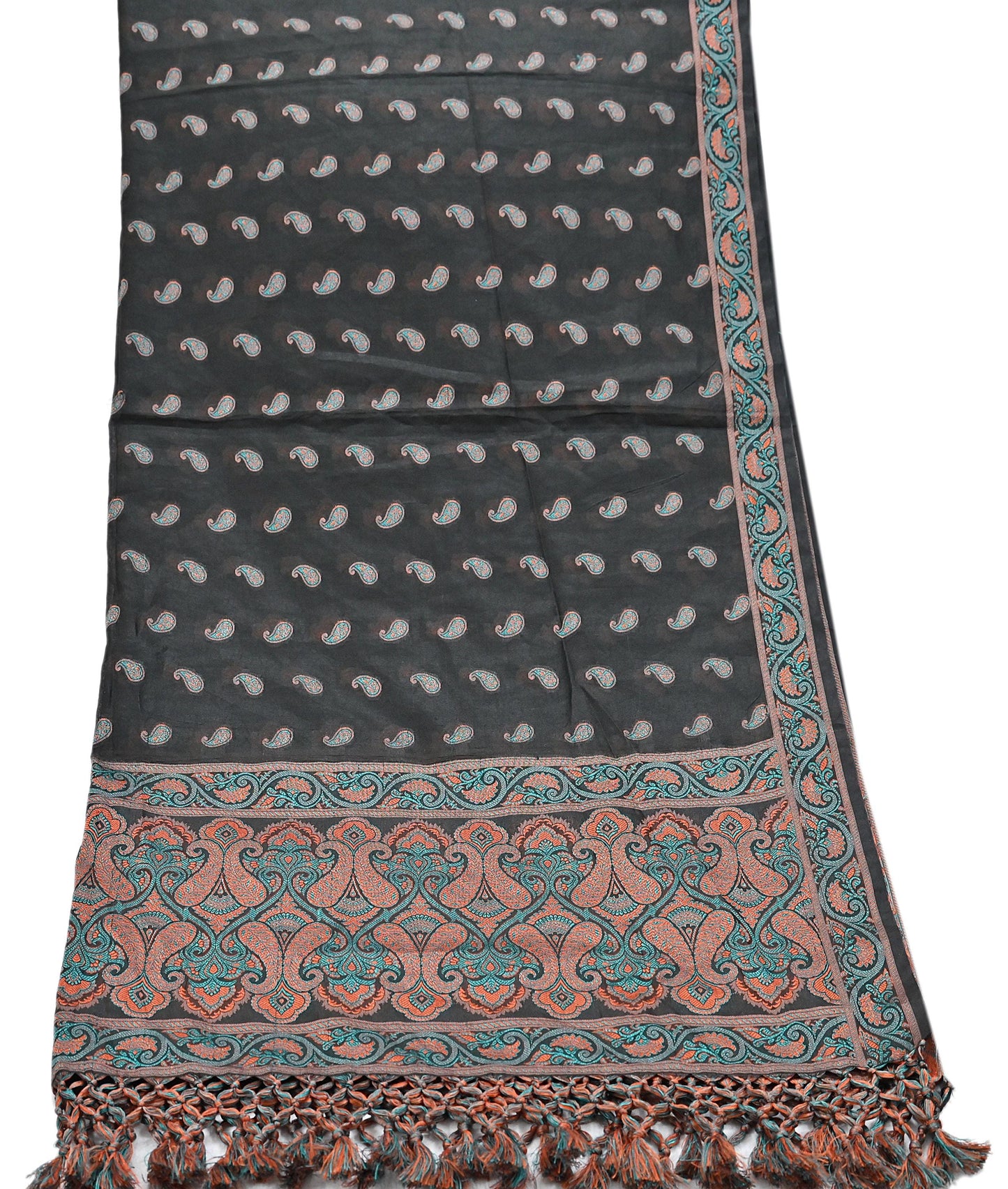 Indian Vintage Black Dupatta Long Stole Artificial Silk Woven Brocade Scarves Veil Scarf Wrap Hippie Boho Soft Floral Fringes