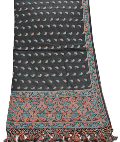 Indian Vintage Black Dupatta Long Stole Artificial Silk Woven Brocade Scarves Veil Scarf Wrap Hippie Boho Soft Floral Fringes