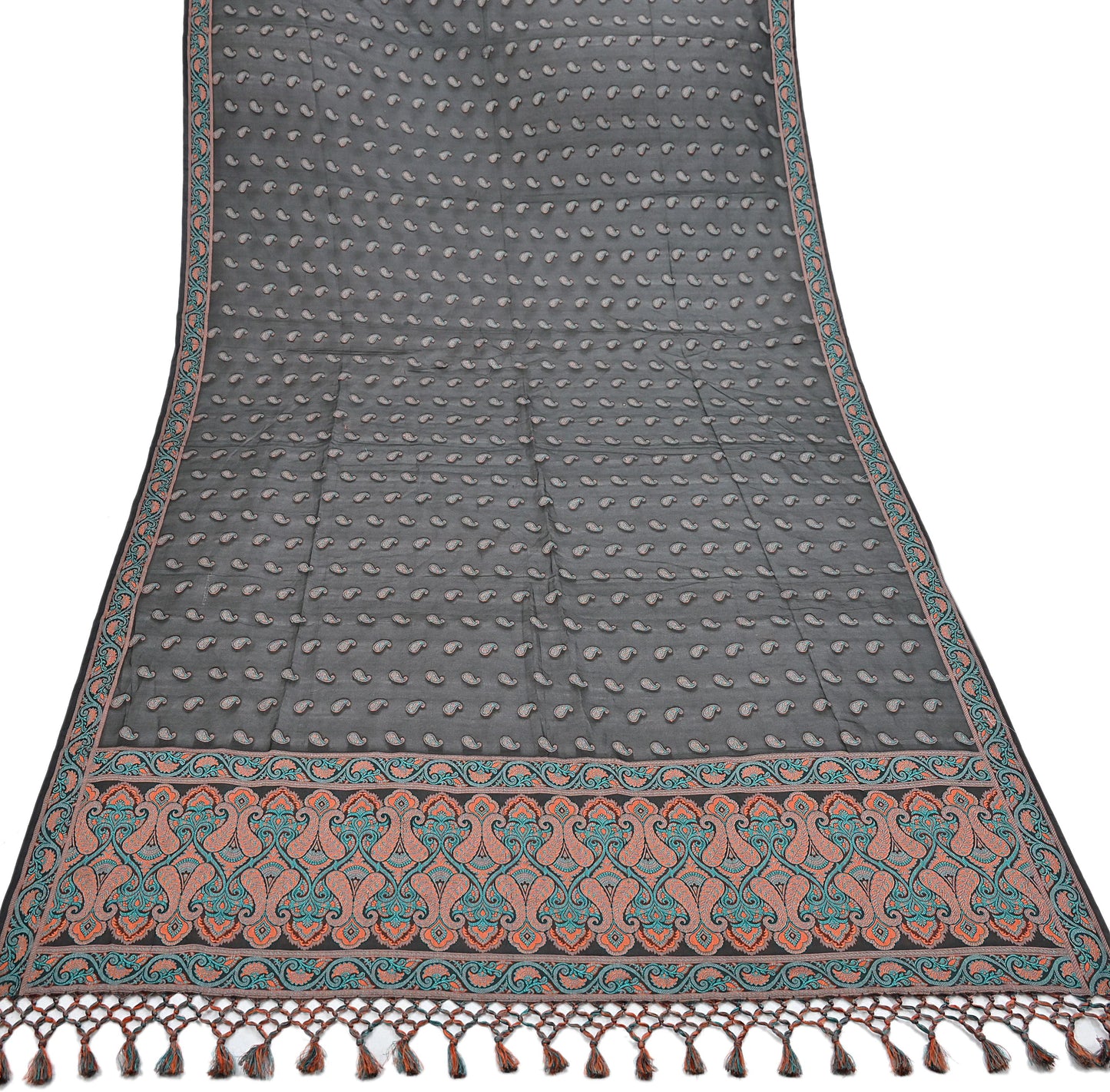 Indian Vintage Black Dupatta Long Stole Artificial Silk Woven Brocade Scarves Veil Scarf Wrap Hippie Boho Soft Floral Fringes