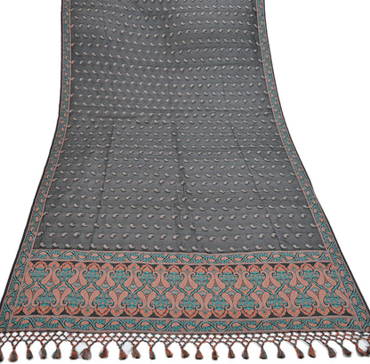 Indian Vintage Black Dupatta Long Stole Artificial Silk Woven Brocade Scarves Veil Scarf Wrap Hippie Boho Soft Floral Fringes