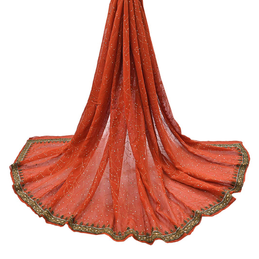 Indian Vintage Orange Dupatta Pure Georgette silk Long Stole Hand Embroidered Scarves Stole Veil Wrap Sequins