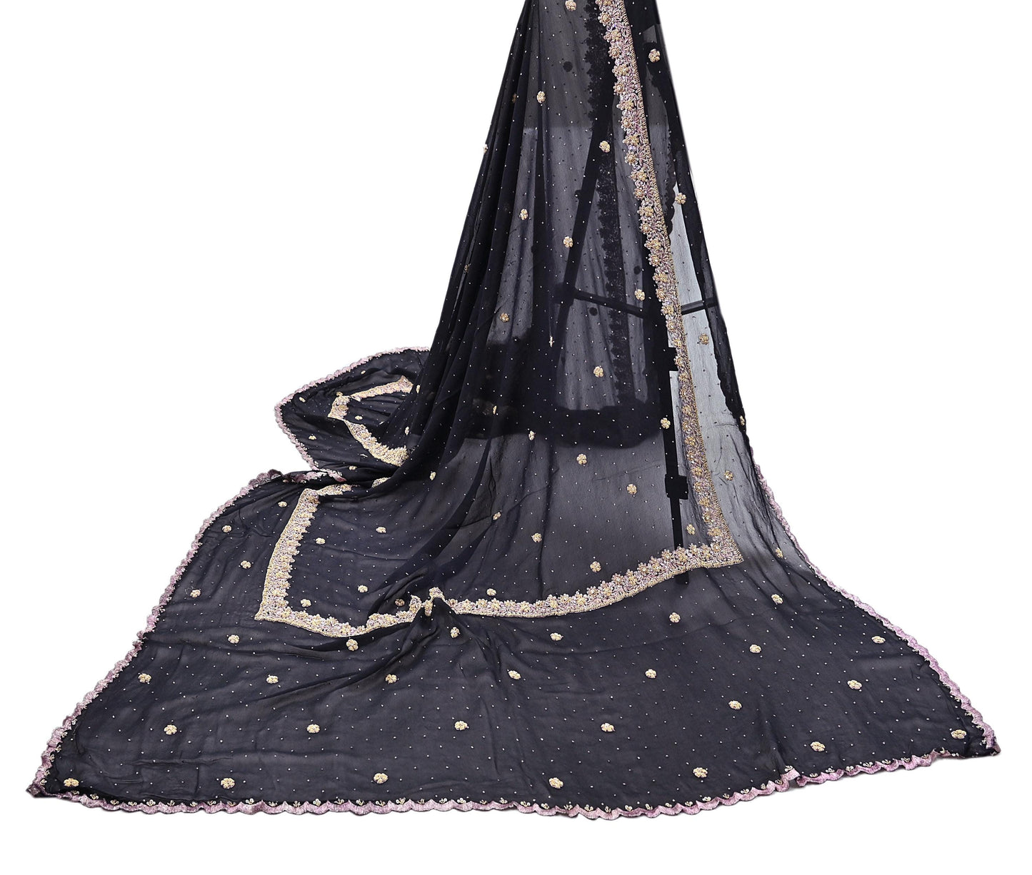 Indian Vintage Black Dupatta Pure Georgette silk Long Stole Hand Embroidered Scarves Stole Veil Wrap Sequins