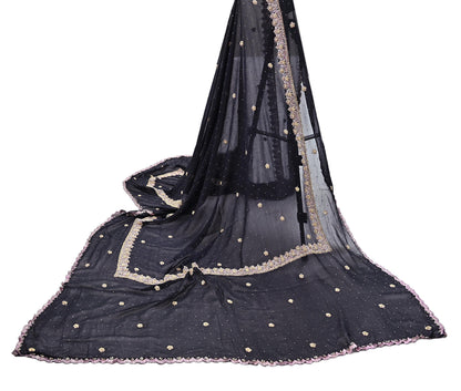 Indian Vintage Black Dupatta Pure Georgette silk Long Stole Hand Embroidered Scarves Stole Veil Wrap Sequins