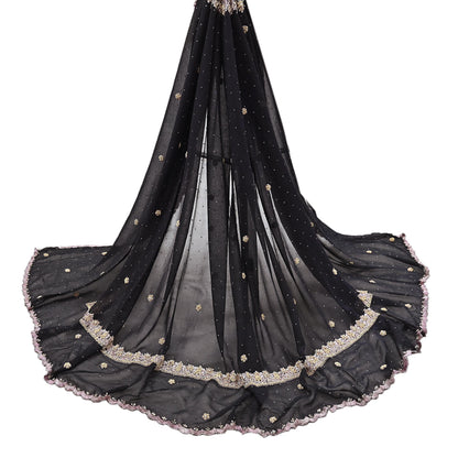 Indian Vintage Black Dupatta Pure Georgette silk Long Stole Hand Embroidered Scarves Stole Veil Wrap Sequins