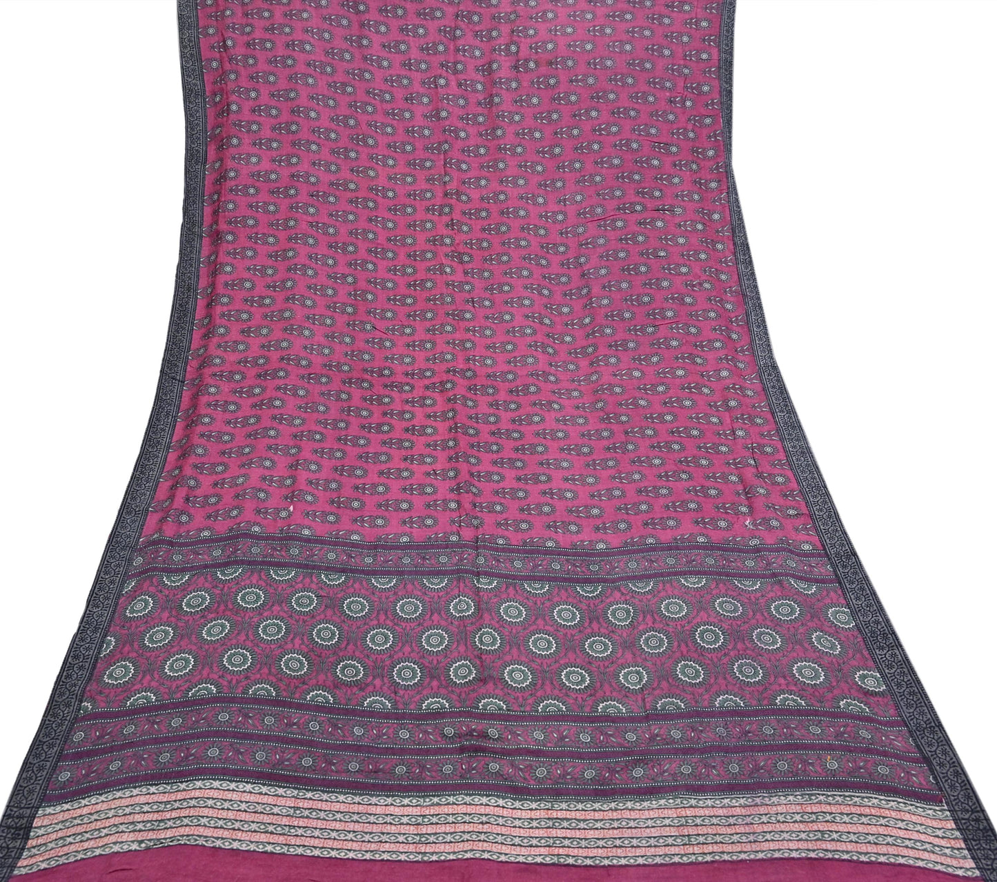 Indian Vintage Pink Sarees Pure Woolen Woven Printed  Sari Soft Warm Craft Fabric 5Yd Floral Woven Border Dress making Crafting Quilting