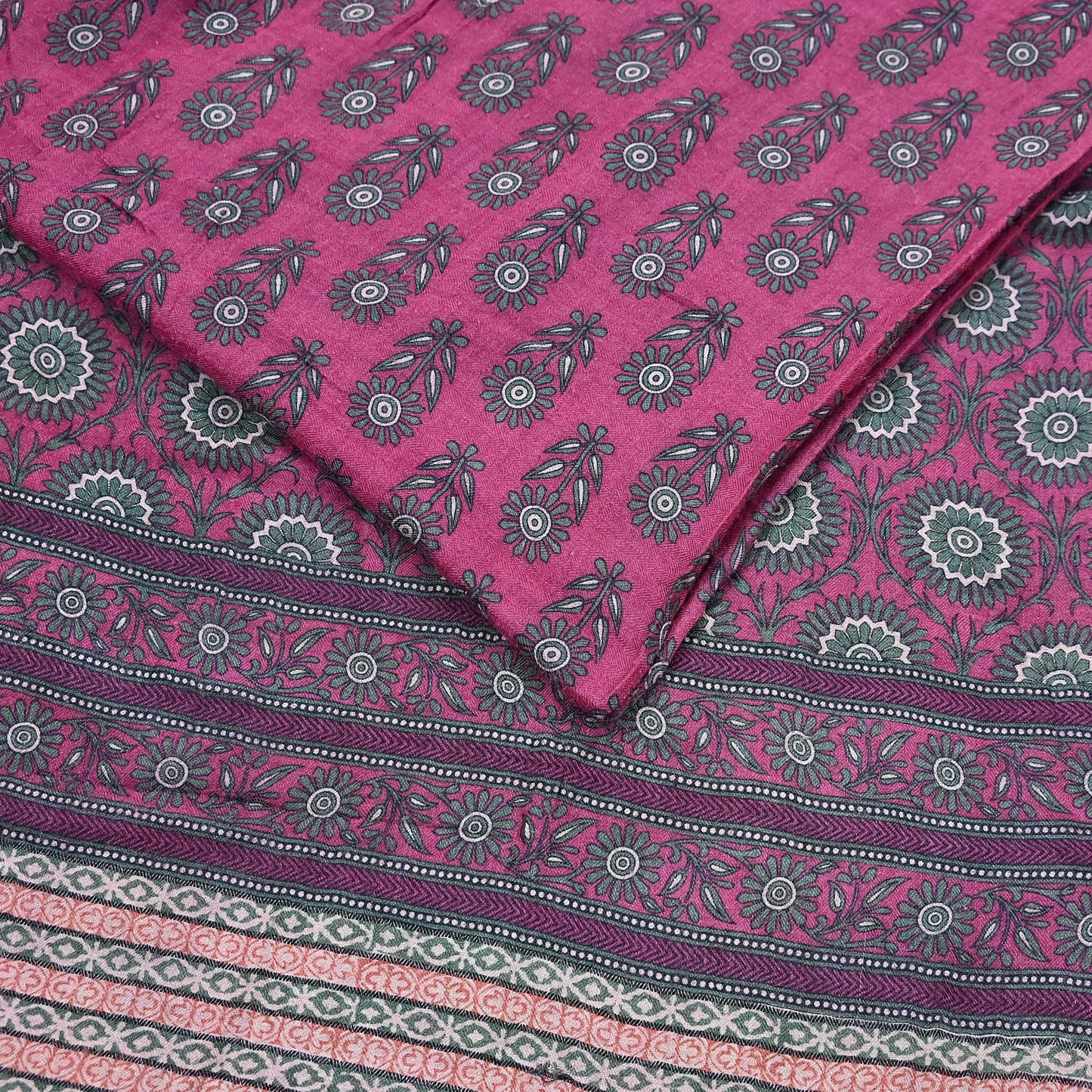 Indian Vintage Pink Sarees Pure Woolen Woven Printed  Sari Soft Warm Craft Fabric 5Yd Floral Woven Border Dress making Crafting Quilting