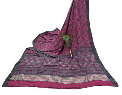 Indian Vintage Pink Sarees Pure Woolen Woven Printed  Sari Soft Warm Craft Fabric 5Yd Floral Woven Border Dress making Crafting Quilting