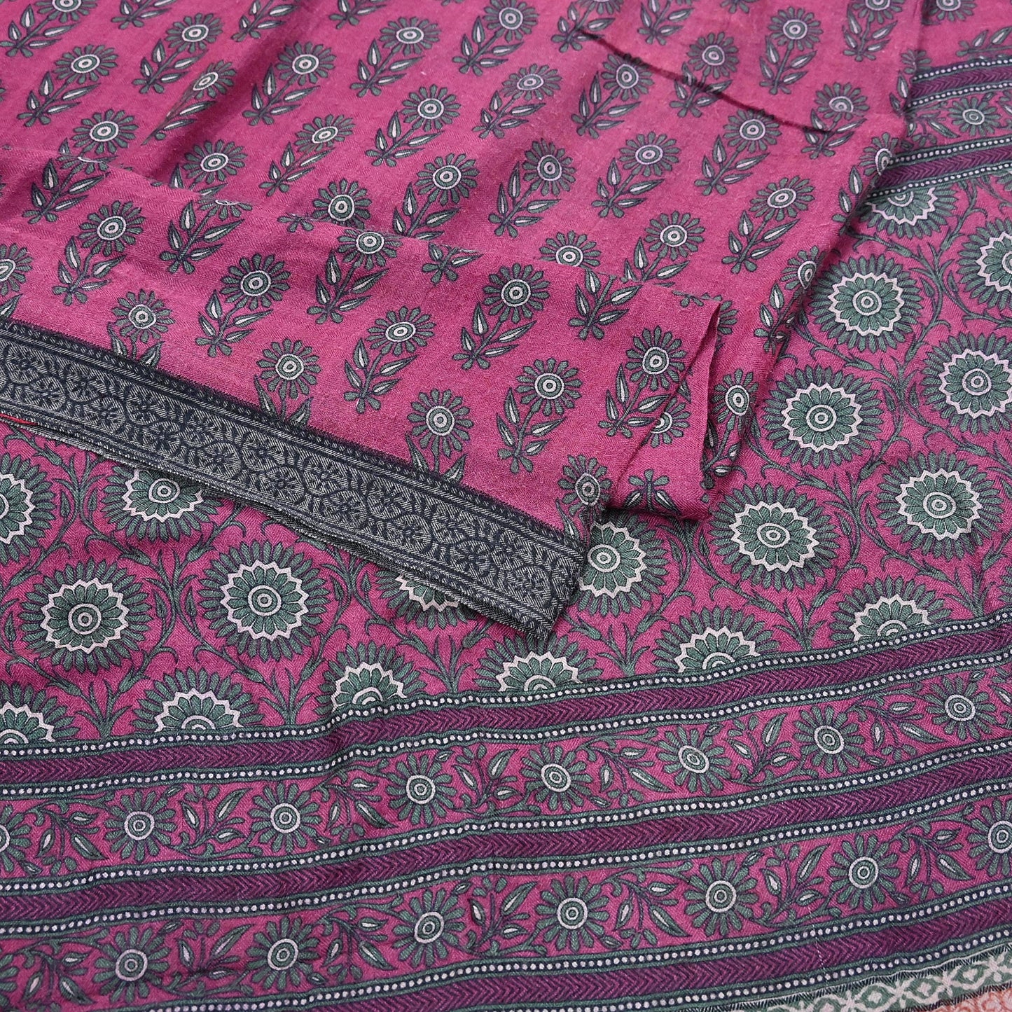 Indian Vintage Pink Sarees Pure Woolen Woven Printed  Sari Soft Warm Craft Fabric 5Yd Floral Woven Border Dress making Crafting Quilting