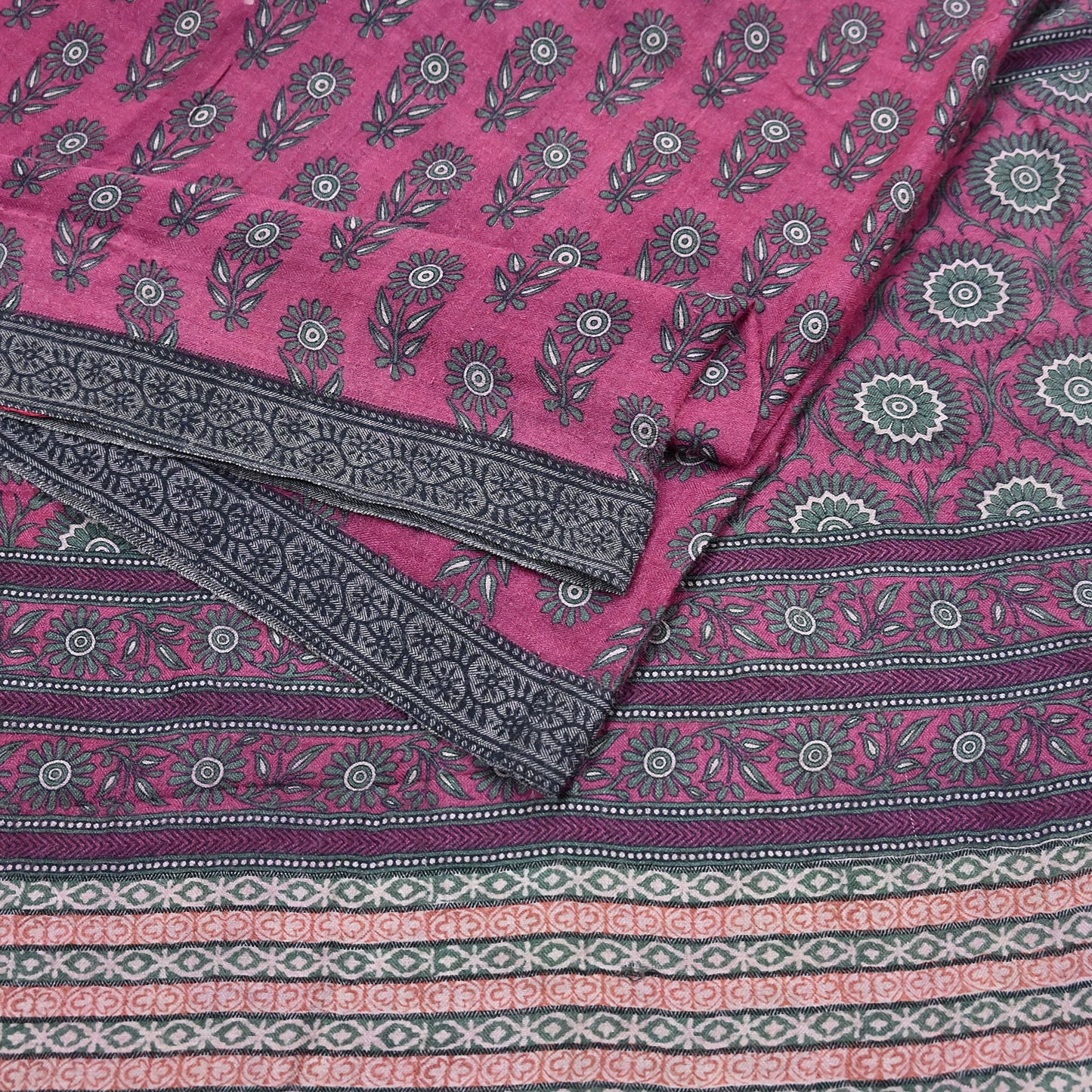 Indian Vintage Pink Sarees Pure Woolen Woven Printed  Sari Soft Warm Craft Fabric 5Yd Floral Woven Border Dress making Crafting Quilting