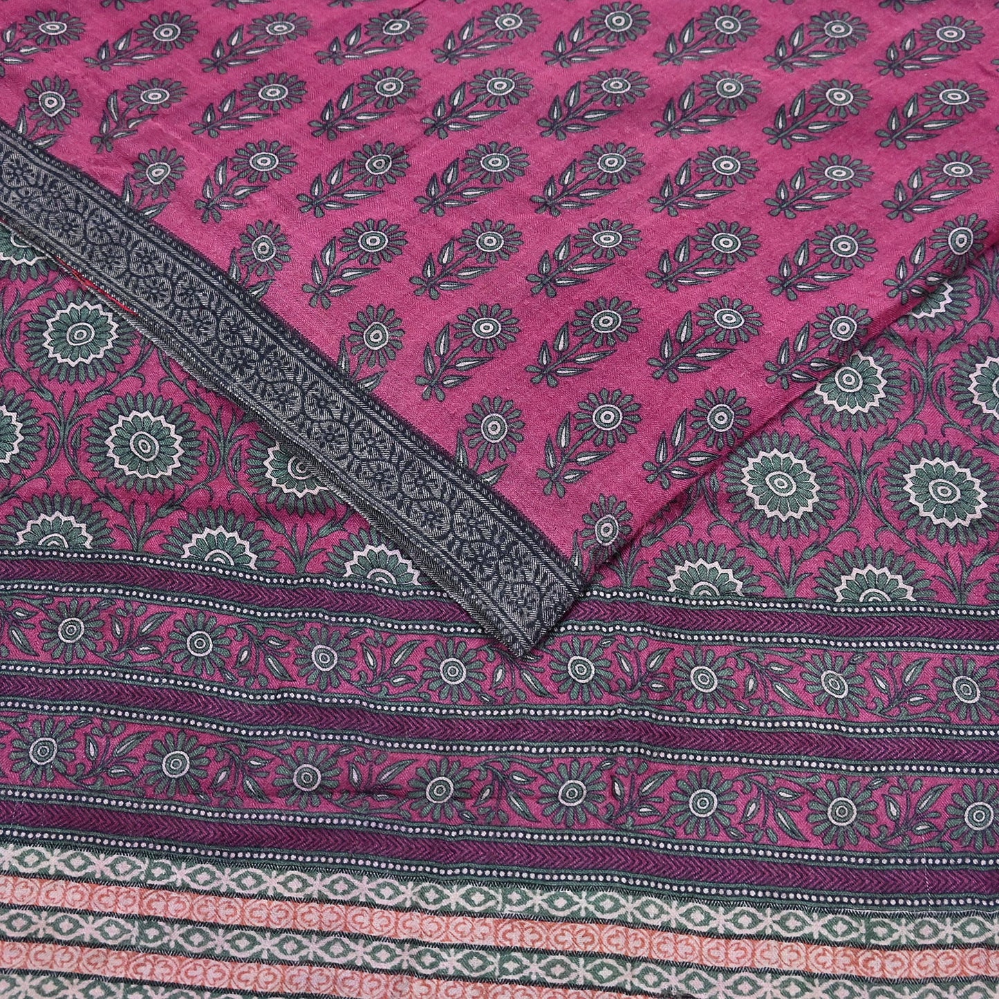 Indian Vintage Pink Sarees Pure Woolen Woven Printed  Sari Soft Warm Craft Fabric 5Yd Floral Woven Border Dress making Crafting Quilting