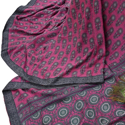 Indian Vintage Pink Sarees Pure Woolen Woven Printed  Sari Soft Warm Craft Fabric 5Yd Floral Woven Border Dress making Crafting Quilting