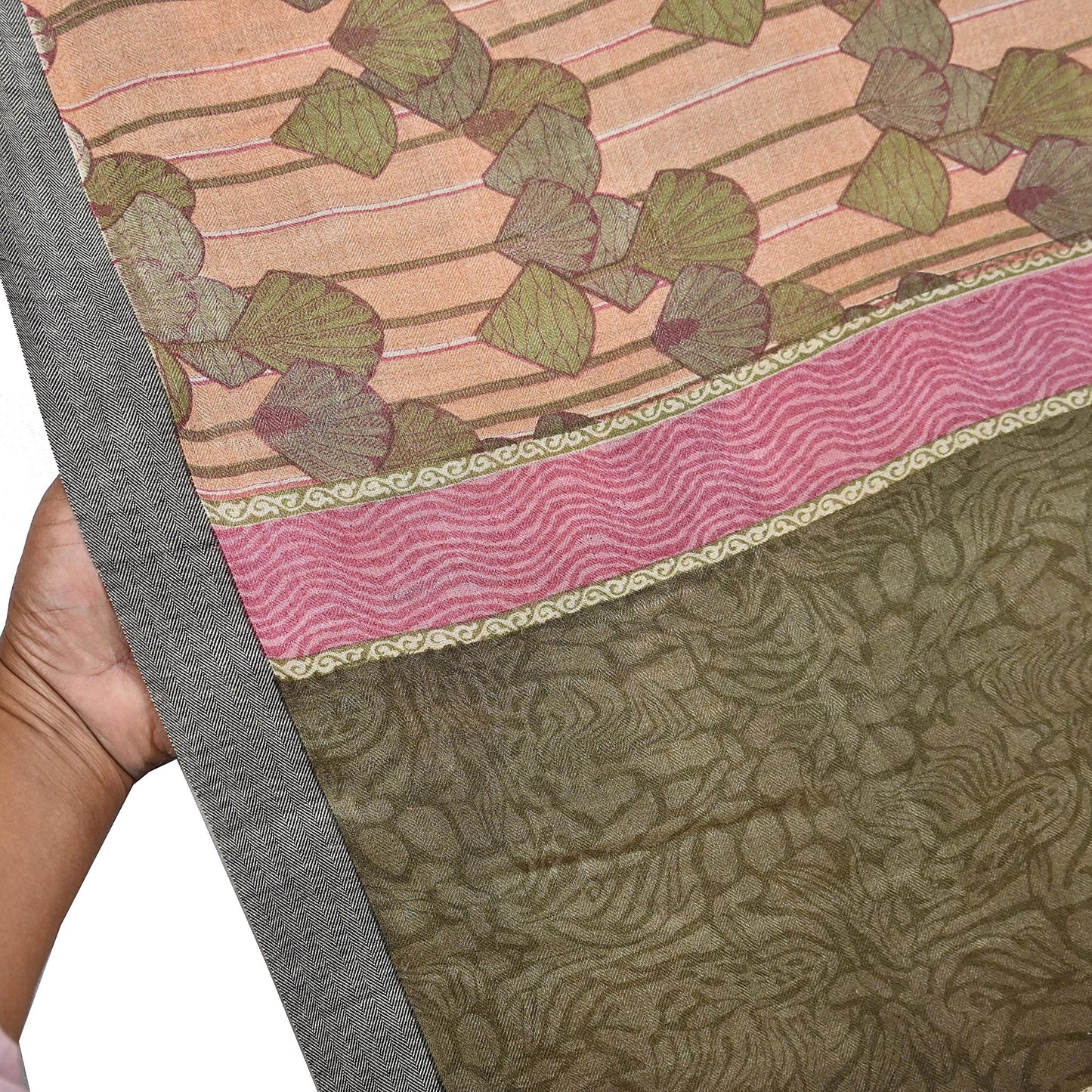 Indian Vintage Sari Peach & Green Pure Woolen Woven Printed Sarees Soft Warm Craft Fabric 5Yd Floral Dress making Crafting Quilting