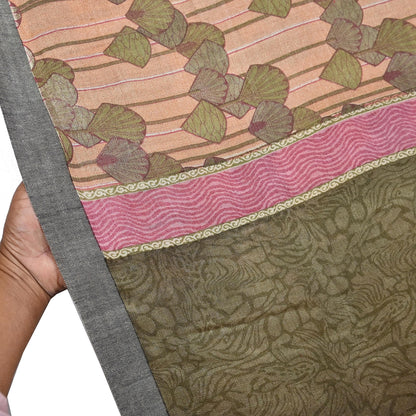 Indian Vintage Sari Peach & Green Pure Woolen Woven Printed Sarees Soft Warm Craft Fabric 5Yd Floral Dress making Crafting Quilting