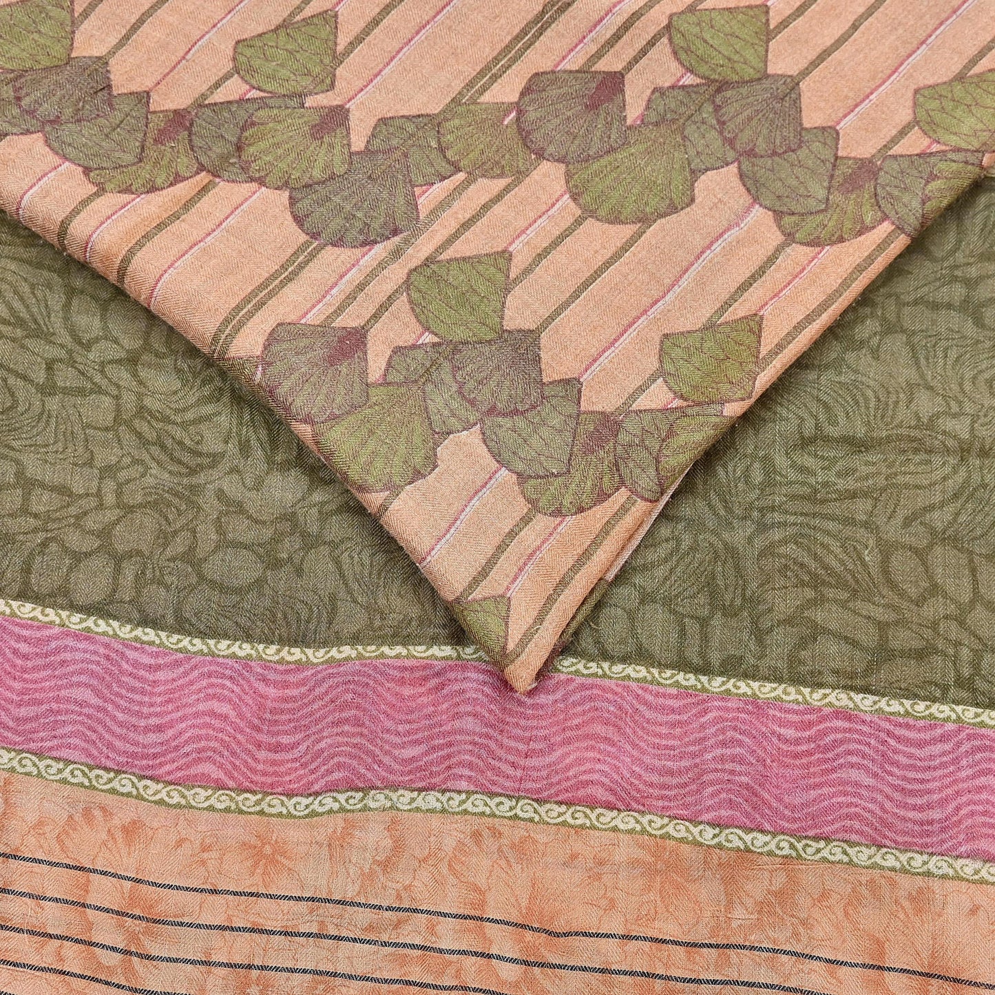 Indian Vintage Sari Peach & Green Pure Woolen Woven Printed Sarees Soft Warm Craft Fabric 5Yd Floral Dress making Crafting Quilting