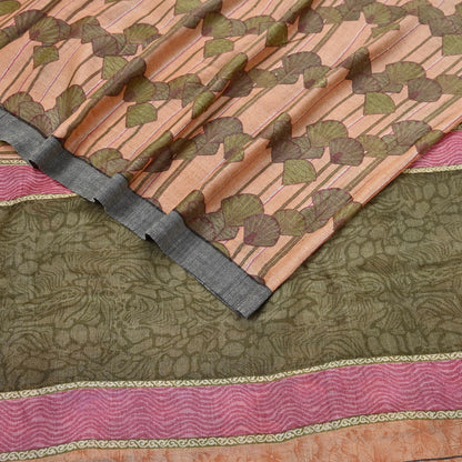 Indian Vintage Sari Peach & Green Pure Woolen Woven Printed Sarees Soft Warm Craft Fabric 5Yd Floral Dress making Crafting Quilting