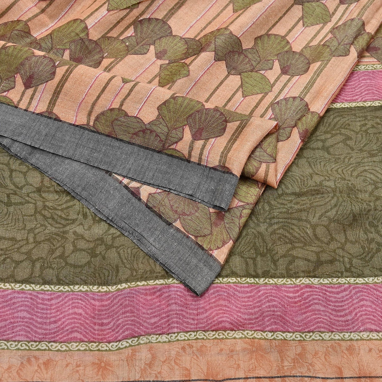 Indian Vintage Sari Peach & Green Pure Woolen Woven Printed Sarees Soft Warm Craft Fabric 5Yd Floral Dress making Crafting Quilting