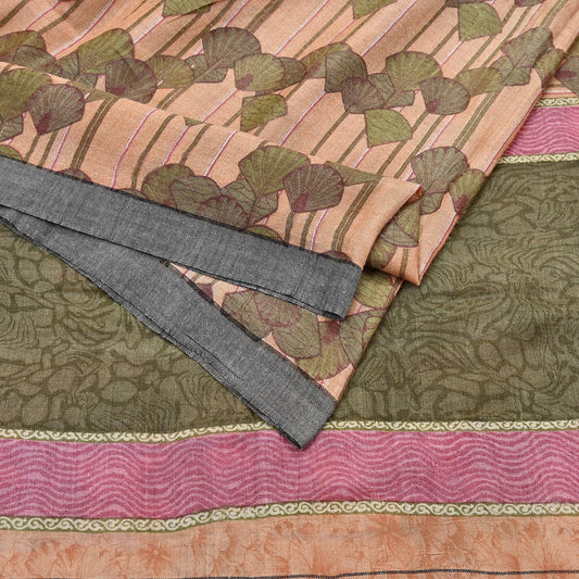 Indian Vintage Sari Peach & Green Pure Woolen Woven Printed Sarees Soft Warm Craft Fabric 5Yd Floral Dress making Crafting Quilting