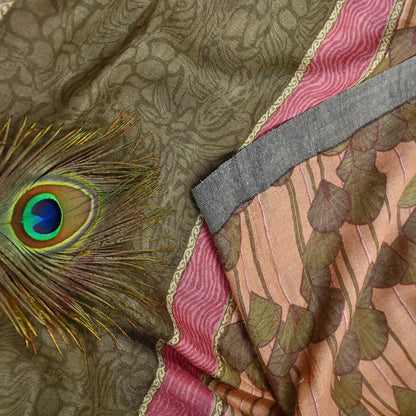 Indian Vintage Sari Peach & Green Pure Woolen Woven Printed Sarees Soft Warm Craft Fabric 5Yd Floral Dress making Crafting Quilting