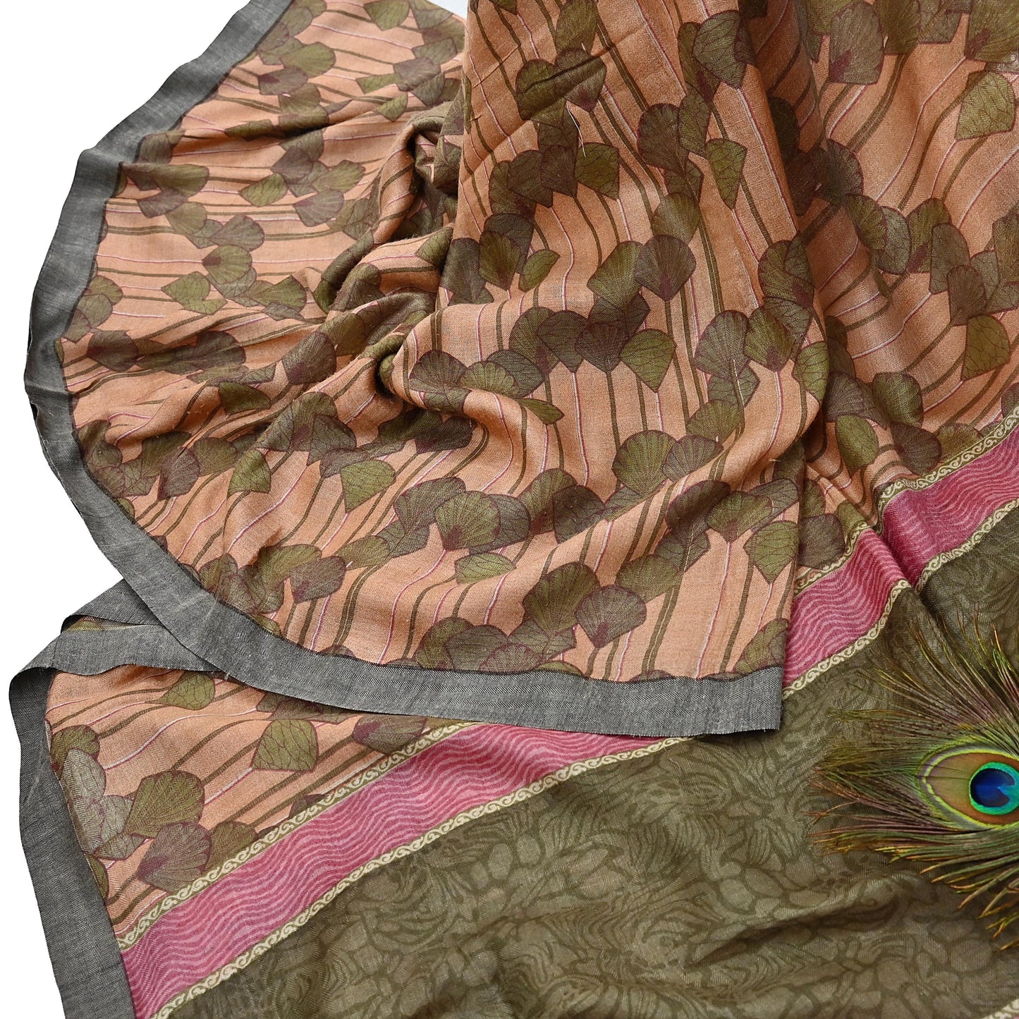 Indian Vintage Sari Peach & Green Pure Woolen Woven Printed Sarees Soft Warm Craft Fabric 5Yd Floral Dress making Crafting Quilting
