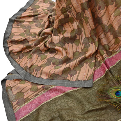Indian Vintage Sari Peach & Green Pure Woolen Woven Printed Sarees Soft Warm Craft Fabric 5Yd Floral Dress making Crafting Quilting
