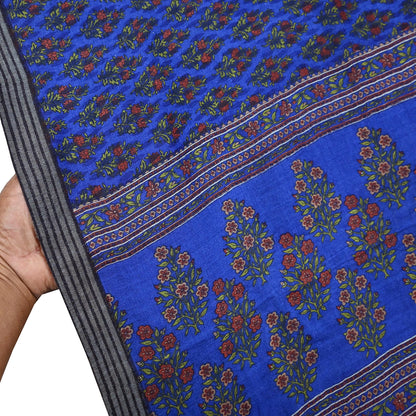 Indian Vintage Blue Sarees Pure Woolen Woven Printed  Sari Soft Warm Craft Fabric 5Yd Floral Woven Border Dress making Crafting Quilting