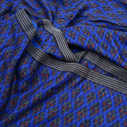 Indian Vintage Blue Sarees Pure Woolen Woven Printed  Sari Soft Warm Craft Fabric 5Yd Floral Woven Border Dress making Crafting Quilting