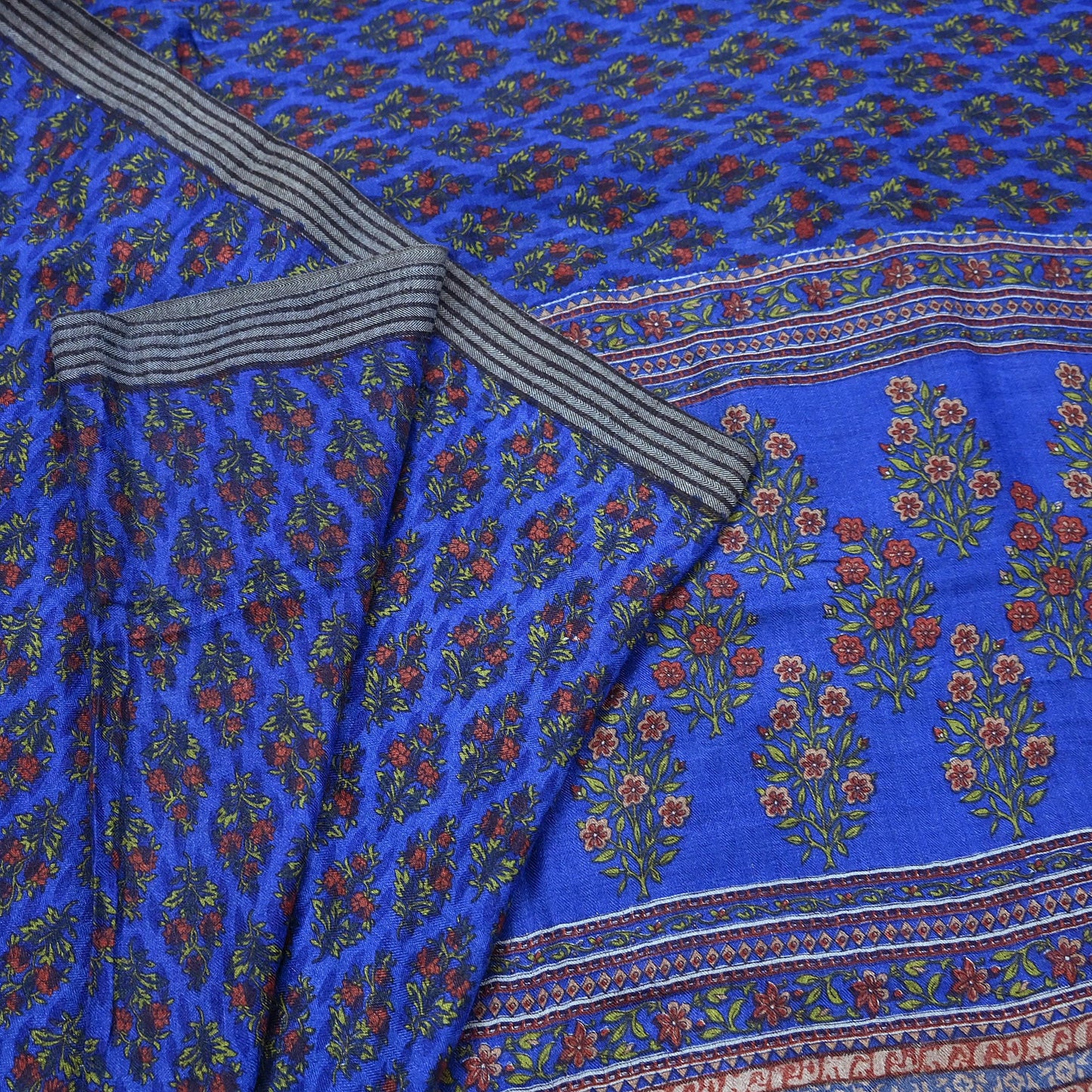 Indian Vintage Blue Sarees Pure Woolen Woven Printed  Sari Soft Warm Craft Fabric 5Yd Floral Woven Border Dress making Crafting Quilting