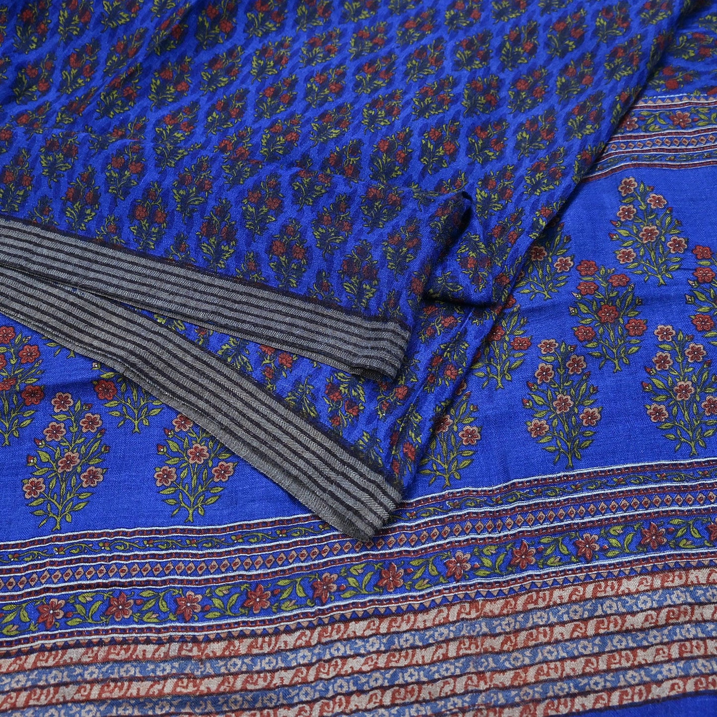 Indian Vintage Blue Sarees Pure Woolen Woven Printed  Sari Soft Warm Craft Fabric 5Yd Floral Woven Border Dress making Crafting Quilting