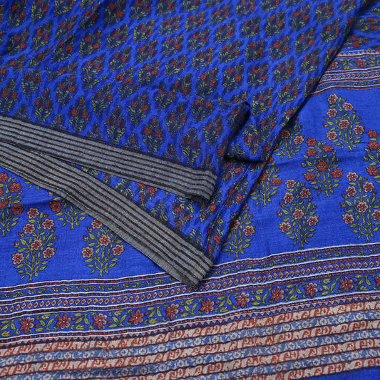 Indian Vintage Blue Sarees Pure Woolen Woven Printed  Sari Soft Warm Craft Fabric 5Yd Floral Woven Border Dress making Crafting Quilting