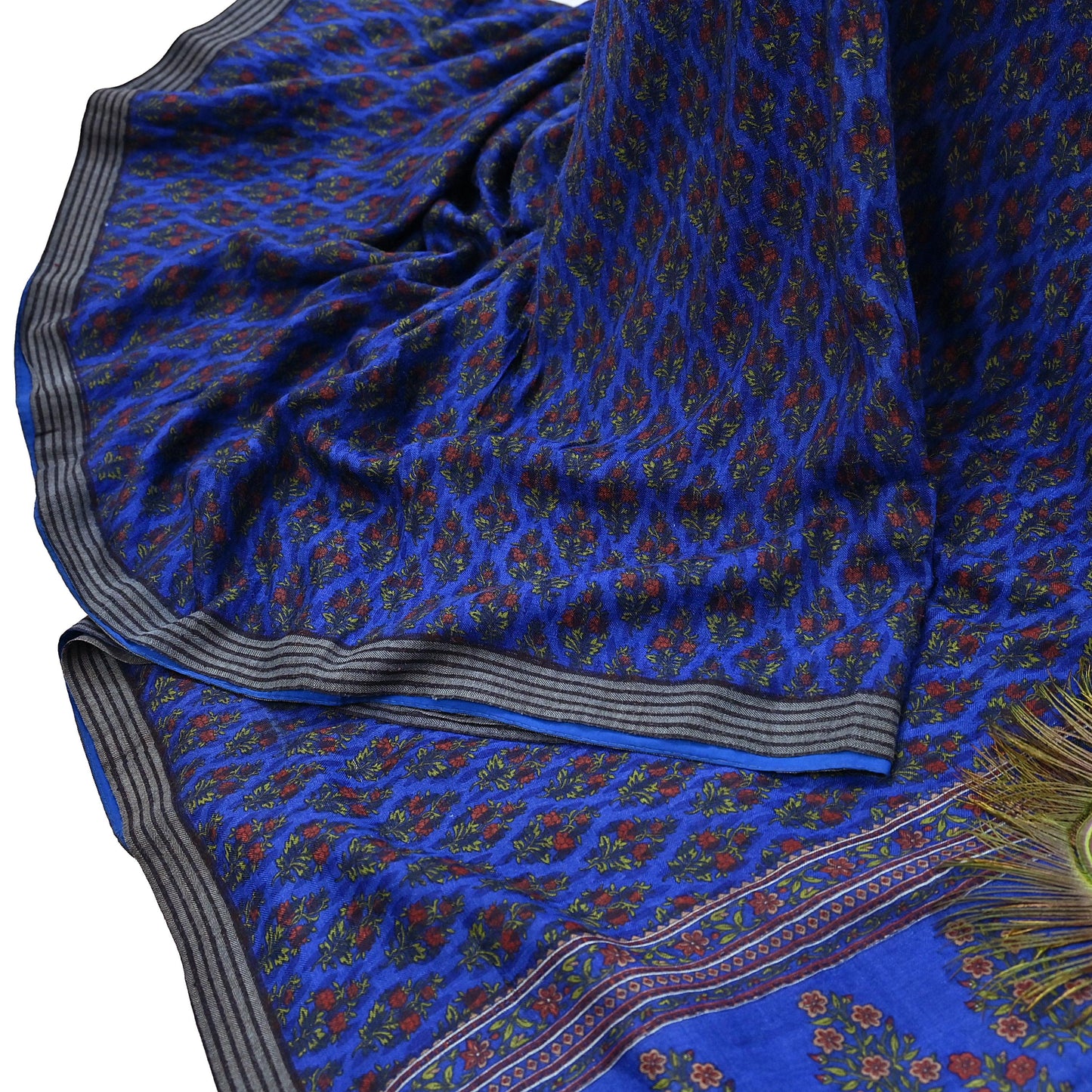 Indian Vintage Blue Sarees Pure Woolen Woven Printed  Sari Soft Warm Craft Fabric 5Yd Floral Woven Border Dress making Crafting Quilting