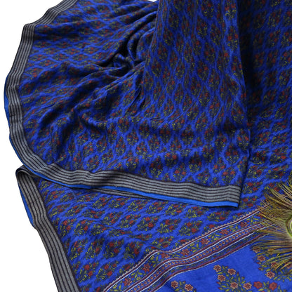 Indian Vintage Blue Sarees Pure Woolen Woven Printed  Sari Soft Warm Craft Fabric 5Yd Floral Woven Border Dress making Crafting Quilting