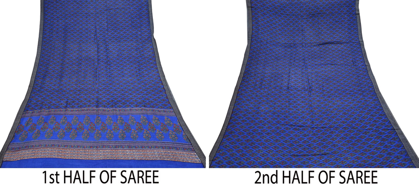 Indian Vintage Blue Sarees Pure Woolen Woven Printed  Sari Soft Warm Craft Fabric 5Yd Floral Woven Border Dress making Crafting Quilting