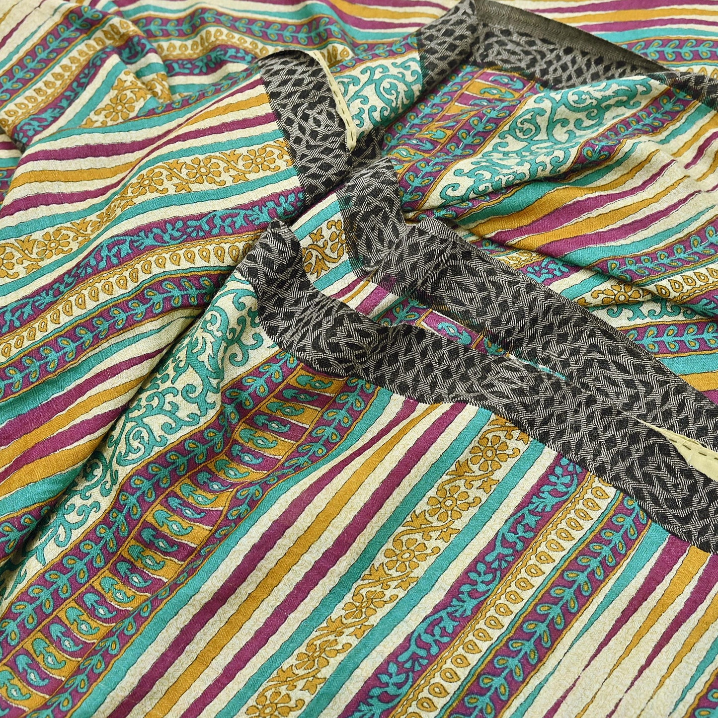 Indian Vintage Sari Beige & Green Pure Woolen Woven Printed Sarees Soft Warm Craft Fabric 5Yd Floral Dress making Crafting Quilting