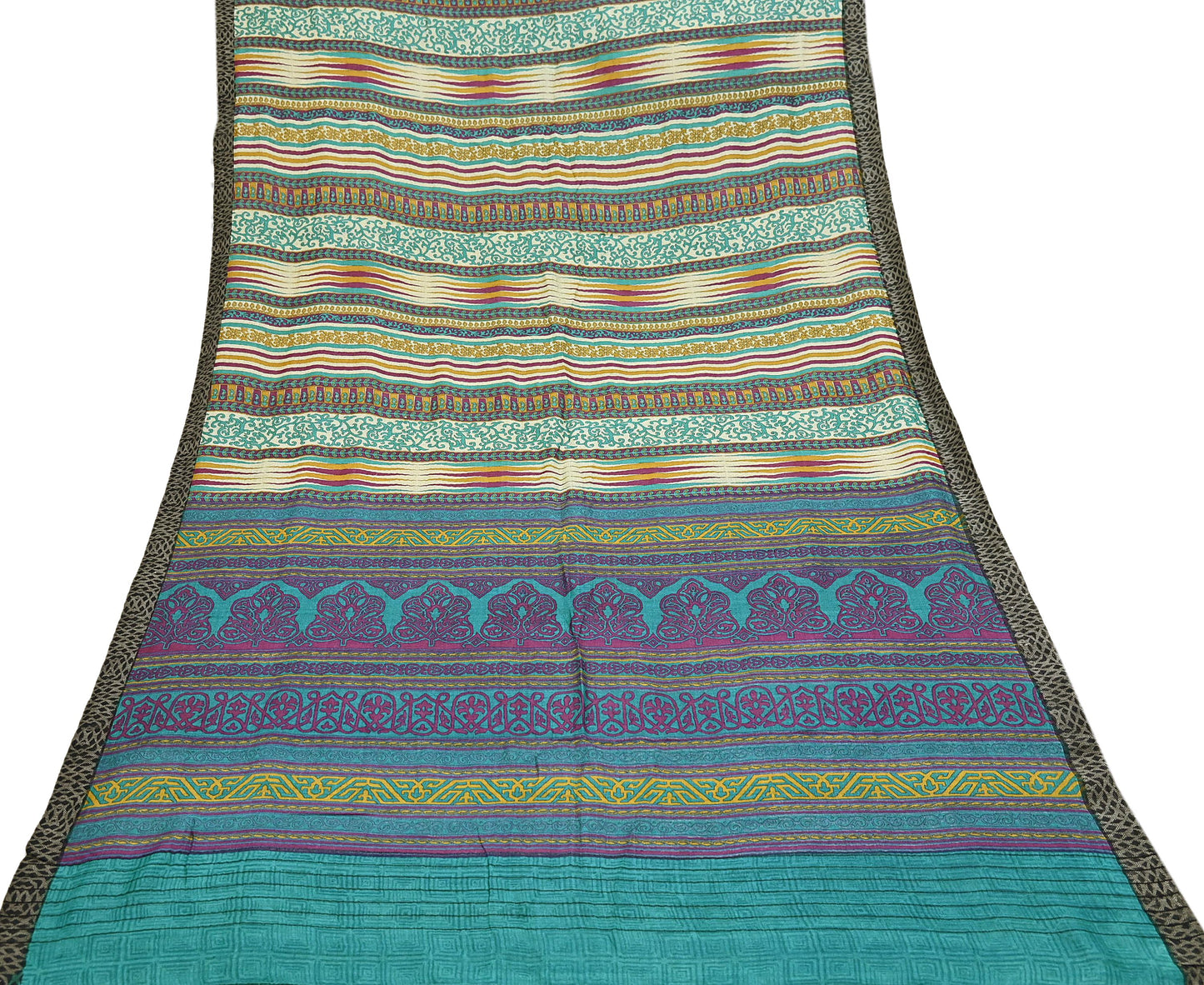 Indian Vintage Sari Beige & Green Pure Woolen Woven Printed Sarees Soft Warm Craft Fabric 5Yd Floral Dress making Crafting Quilting