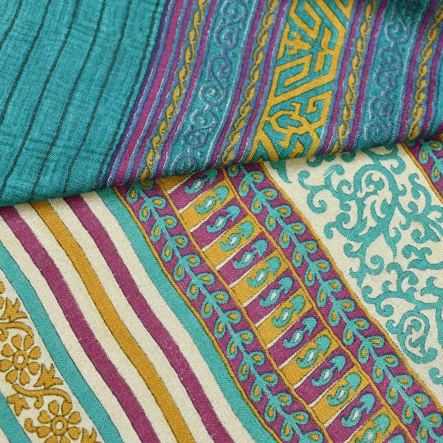 Indian Vintage Sari Beige & Green Pure Woolen Woven Printed Sarees Soft Warm Craft Fabric 5Yd Floral Dress making Crafting Quilting