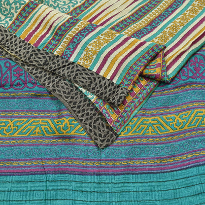 Indian Vintage Sari Beige & Green Pure Woolen Woven Printed Sarees Soft Warm Craft Fabric 5Yd Floral Dress making Crafting Quilting