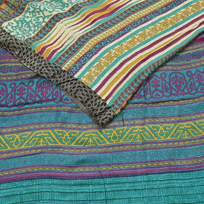 Indian Vintage Sari Beige & Green Pure Woolen Woven Printed Sarees Soft Warm Craft Fabric 5Yd Floral Dress making Crafting Quilting