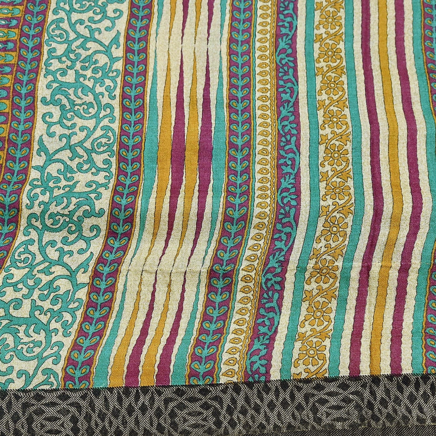 Indian Vintage Sari Beige & Green Pure Woolen Woven Printed Sarees Soft Warm Craft Fabric 5Yd Floral Dress making Crafting Quilting