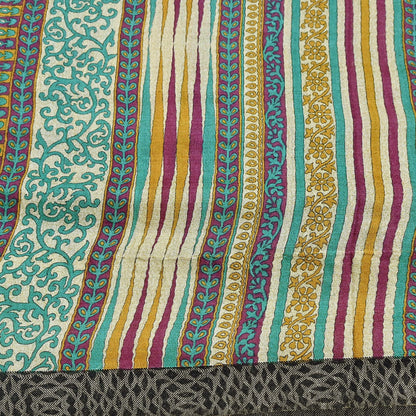 Indian Vintage Sari Beige & Green Pure Woolen Woven Printed Sarees Soft Warm Craft Fabric 5Yd Floral Dress making Crafting Quilting