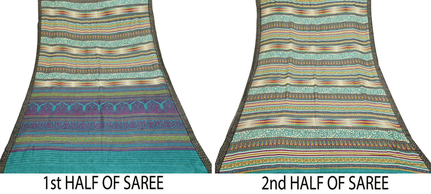 Indian Vintage Sari Beige & Green Pure Woolen Woven Printed Sarees Soft Warm Craft Fabric 5Yd Floral Dress making Crafting Quilting