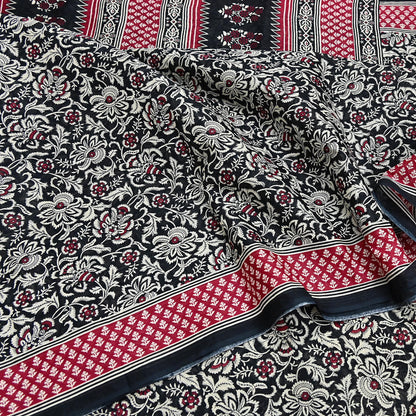 Indian Vintage Sari Red & Black Printed 100% Pure Cotton Sarees Craft Fabric 5Yard Sewing Sarong Wrap Boho Floral Dress making Quilting Soft