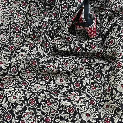 Indian Vintage Sari Red & Black Printed 100% Pure Cotton Sarees Craft Fabric 5Yard Sewing Sarong Wrap Boho Floral Dress making Quilting Soft