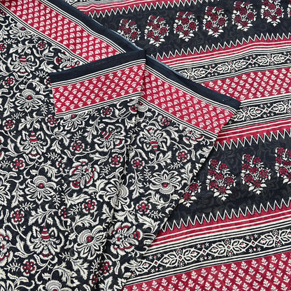 Indian Vintage Sari Red & Black Printed 100% Pure Cotton Sarees Craft Fabric 5Yard Sewing Sarong Wrap Boho Floral Dress making Quilting Soft