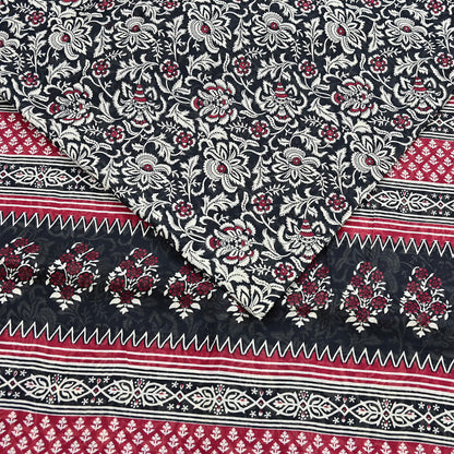 Indian Vintage Sari Red & Black Printed 100% Pure Cotton Sarees Craft Fabric 5Yard Sewing Sarong Wrap Boho Floral Dress making Quilting Soft