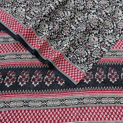 Indian Vintage Sari Red & Black Printed 100% Pure Cotton Sarees Craft Fabric 5Yard Sewing Sarong Wrap Boho Floral Dress making Quilting Soft